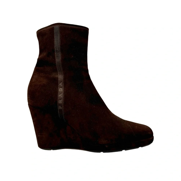 Prada Suede Wedge Boot Logo Side with Zipper Closure Brown Size 40 or US 10 - Picture 1 of 15